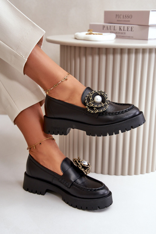 Leather Loafers with CheBello 4291 Gold Decoration