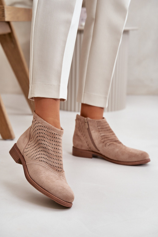 Women's Flat Heeled Perforated Boots Beige S.Barski HY42-076