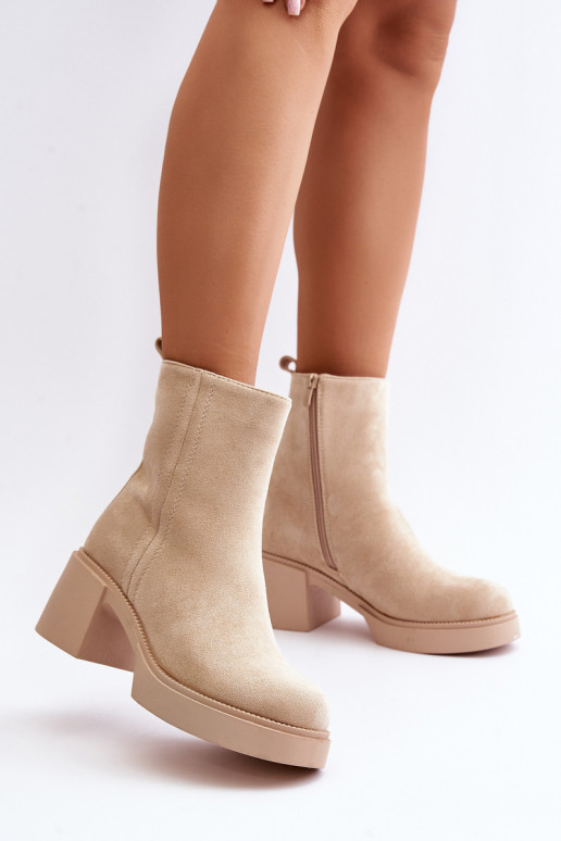 Eco Suede Women's Heeled Boots Insulated Light Beige Meriluna