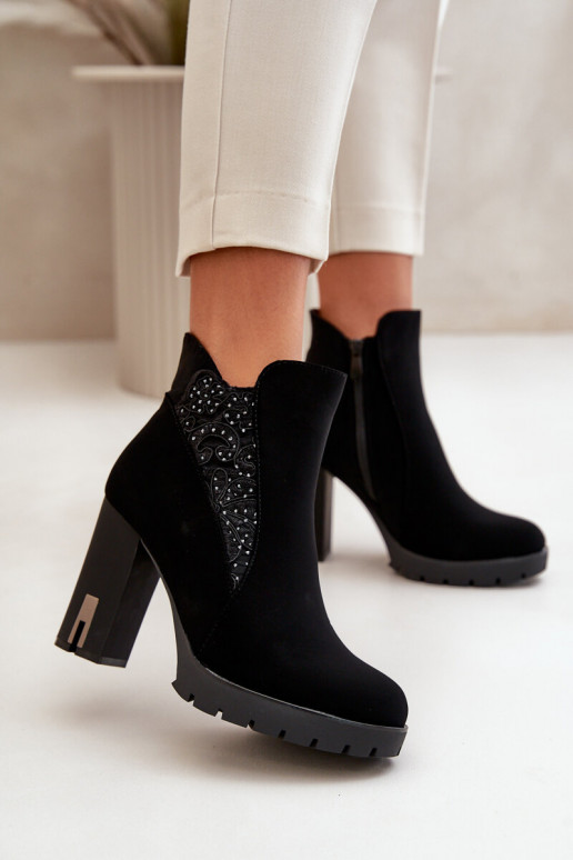 Warm Women's Ankle Boots With High Heel And Embroidery Black Verissae