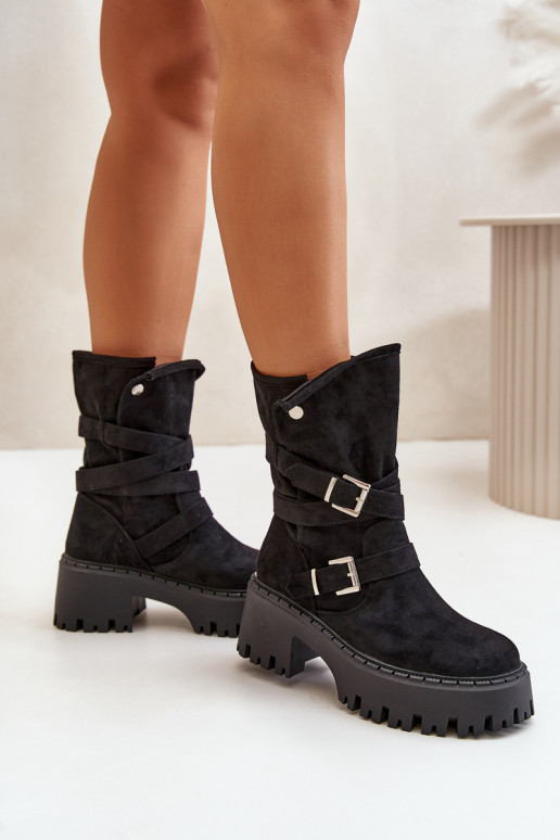 Women's Ankle Boots On Chunky Heel With Buckles And Strap Black Nerelisa