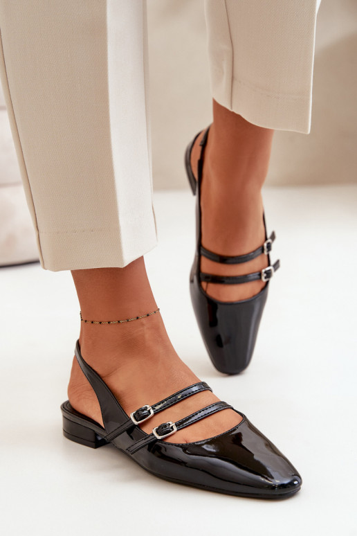 Lacquered Ballet Flats With Straps On Low Heel Black Bialettia