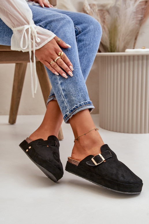 Women's Platform Clogs With Gold Buckle Black Terilaina