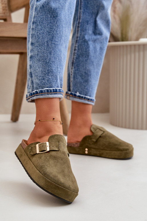 Women's Platform Clogs With Golden Buckle Dark Green Terilaina