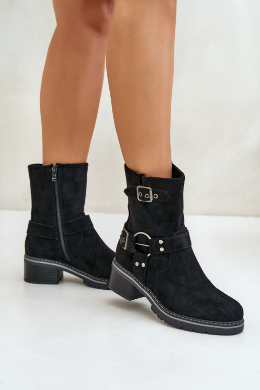 Women's Low Heel Boots With Buckles Black Zudra