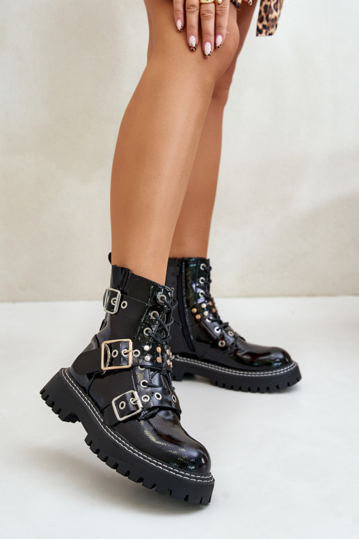 Lacquered Worker Boots With Buckles Black Serizia