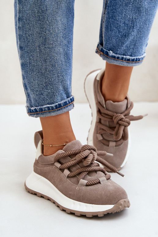 Women'S Suede Sneakers With Thick Laces Beige Artiker 54C1409