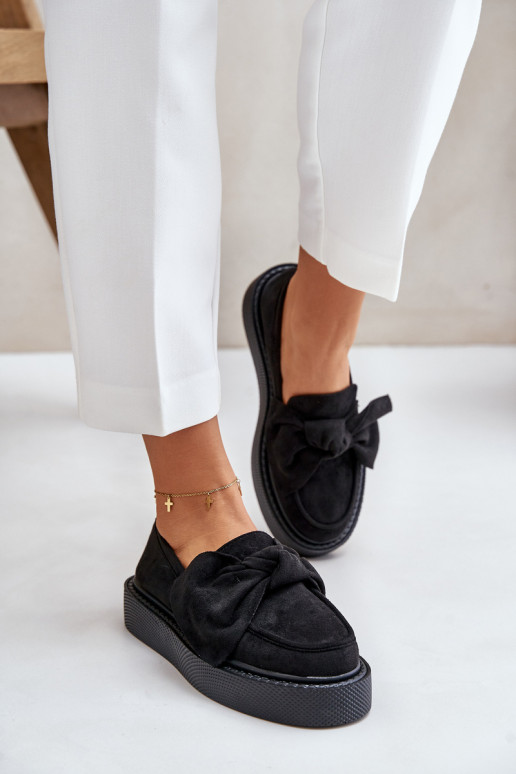 Women's Platform Moccasins with Bow Black Naivine