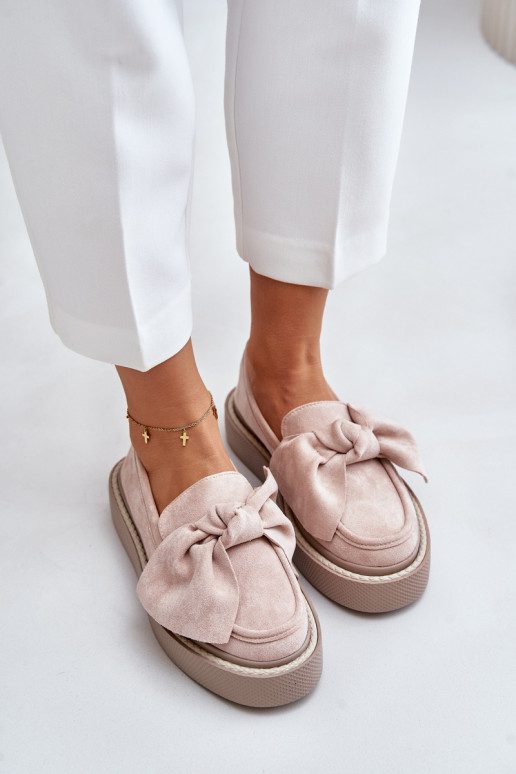 Ladies Platform Moccasins With Bow Powder Pink Naivine