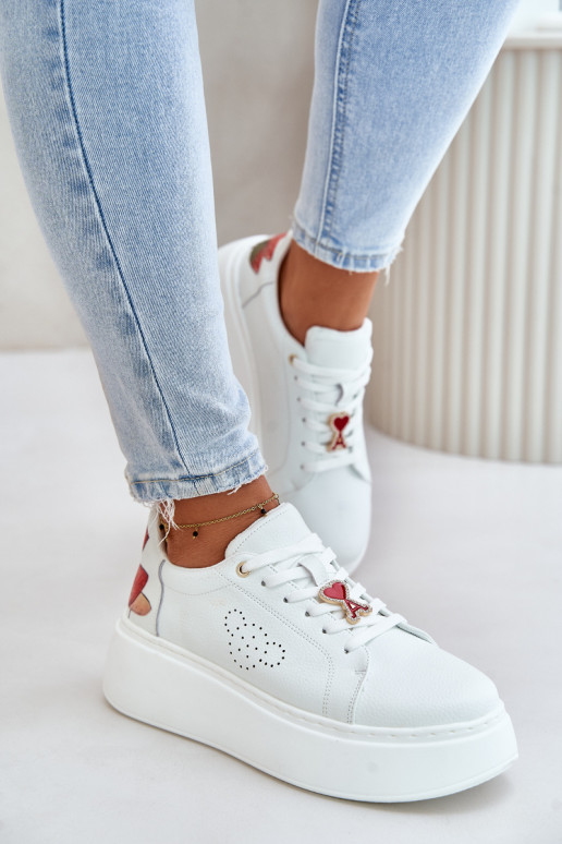 Women's Leather Sneakers On Platform With Pendant And Decorative Flower 89100 White