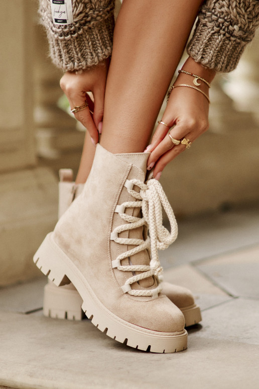 Warm ankle boots made of eco suede with zipper light beige Caellita