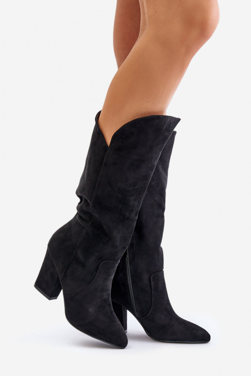 Knee High Heeled Boots Made Of Eco Suede Black Clorira