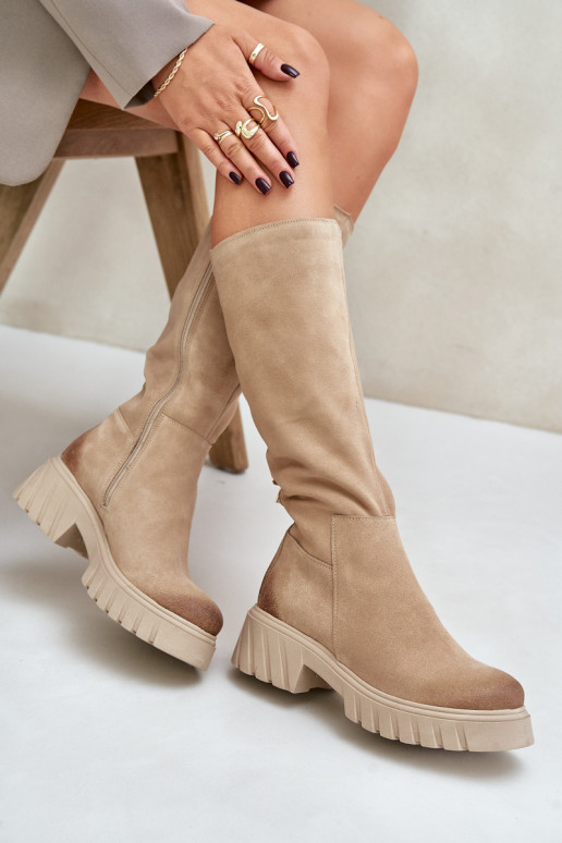 Suede Knee High Boots Insulated Beige Zazoo 70145