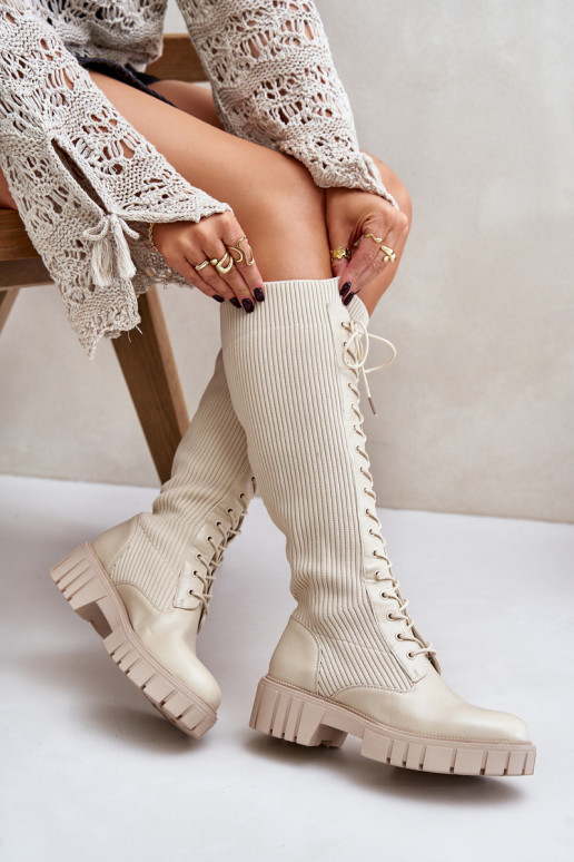 Women's Sock Boots with Laces on Flat Heel Beige Vamisha