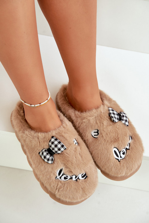 Womens Fur Slippers With Patches And Bow Brown Linnorelia