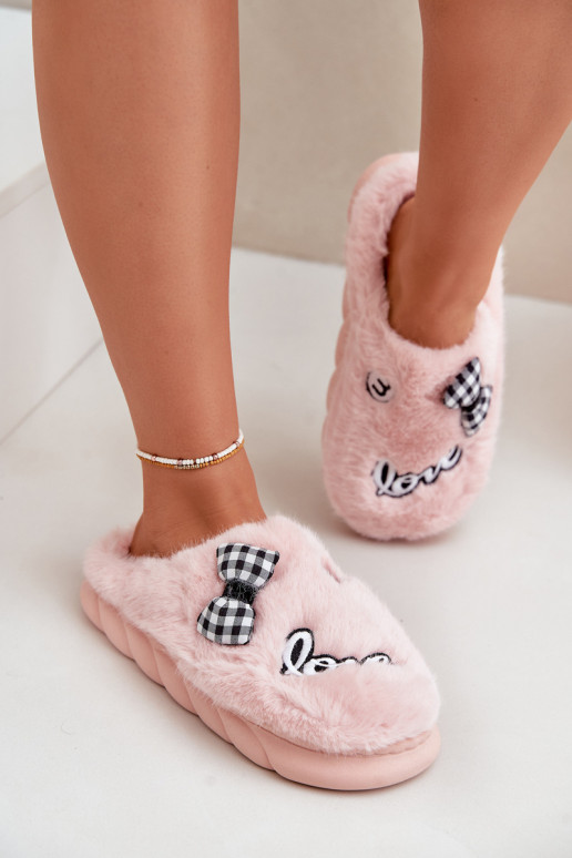 Women's Furry Slippers With Patches And Bow Pink Linnorelia