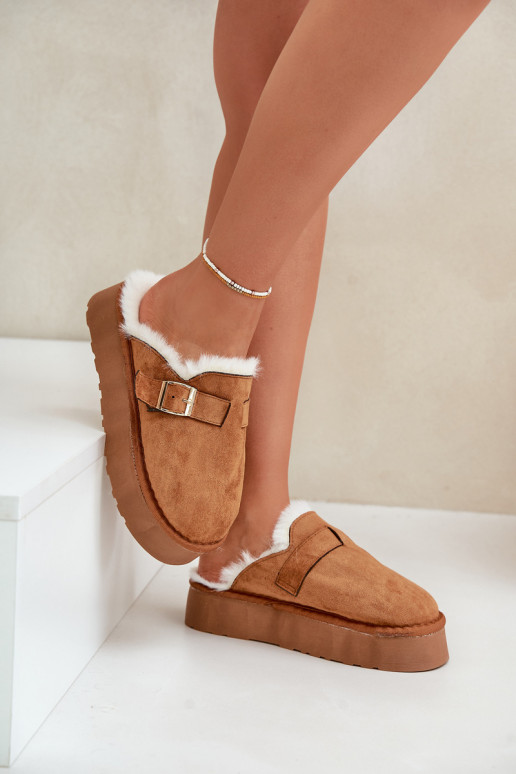 Women's slippers on a thick sole with fur and a buckle Camel Linneola