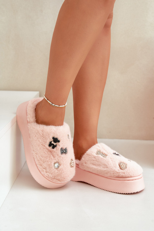 Women's Furry Slippers On Thick Sole With Pins Pink Zintoria