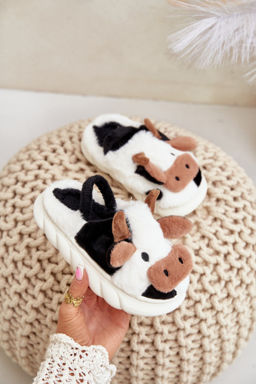 Children's Fur Slippers With Cow Motif White Tamorrin