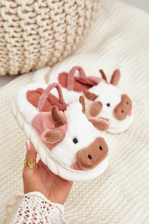 Children's Furry Slippers With Cow Motif Pink Tamorrin