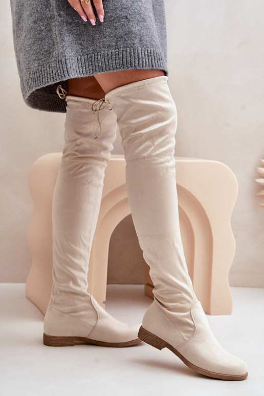 Knee High Flat Heel Boots Made Of Eco Suede Beige Linnithia