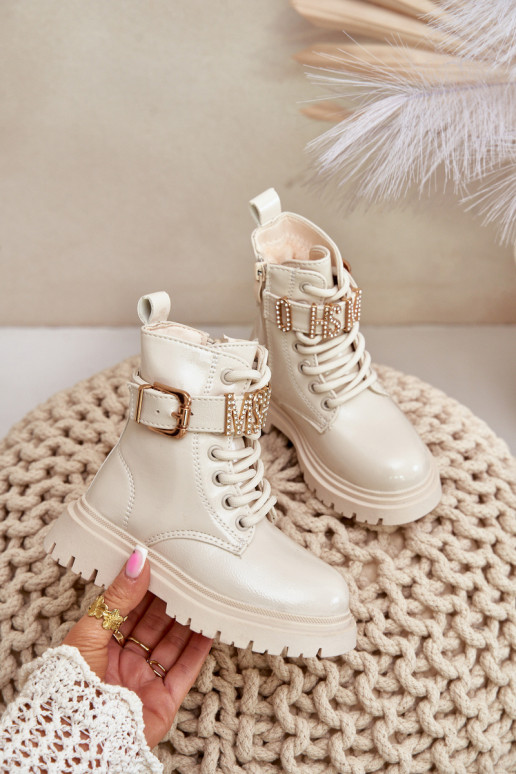 Girls Patent Boots Insulated With Decorative Strap Beige Gilian