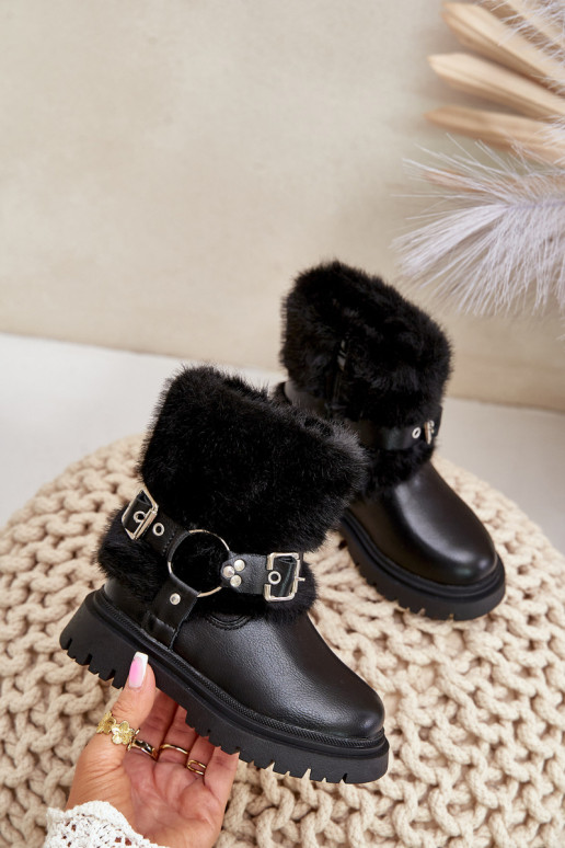 Eco Leather Girls Boots With Fur And Buckles Black Cartemes