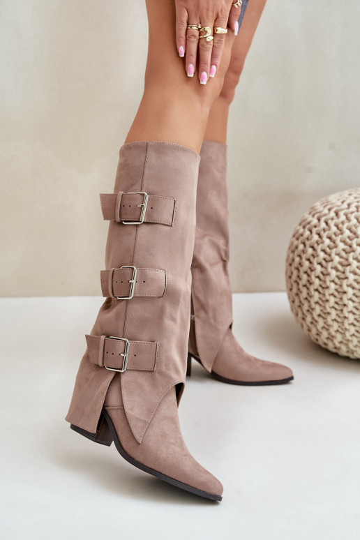 Knee High Heeled Boots With Folded Shaft And Buckles Beige Vamissa