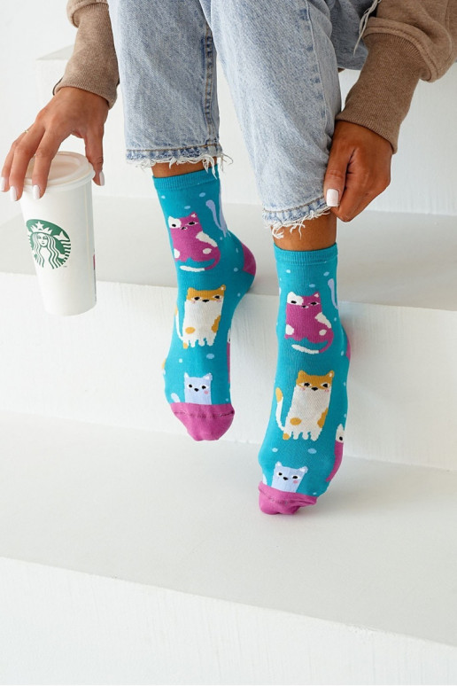 Women's socks colorful cats and dots turquoise