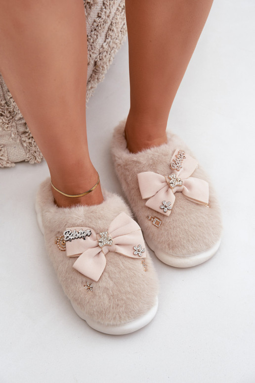 Furry Slippers With Bow And Embellishments Beige Annalira