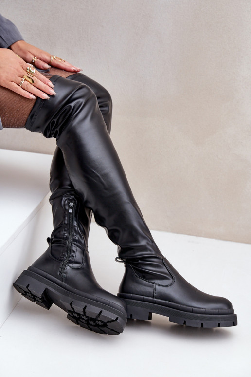 Knee High Boots With Flat Heel Black Feliri