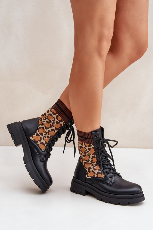 Women's Worker Ankle Boots With Sock In Leopard Black Penthis