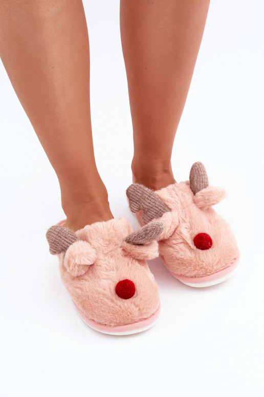 Women Fur Slippers With Reindeer Motif Pink Sennalith