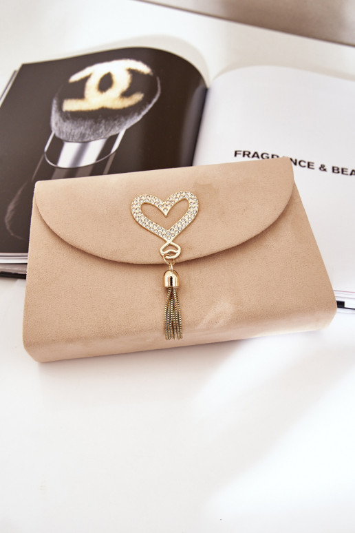 Clutch Bag With Decorative Heart Eco Suede Beige Evilinas