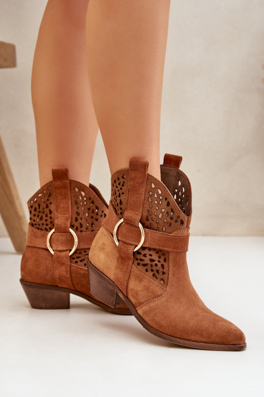 Suede Cowboy Ankle Boots with Perforation on Heel 2994 Camel