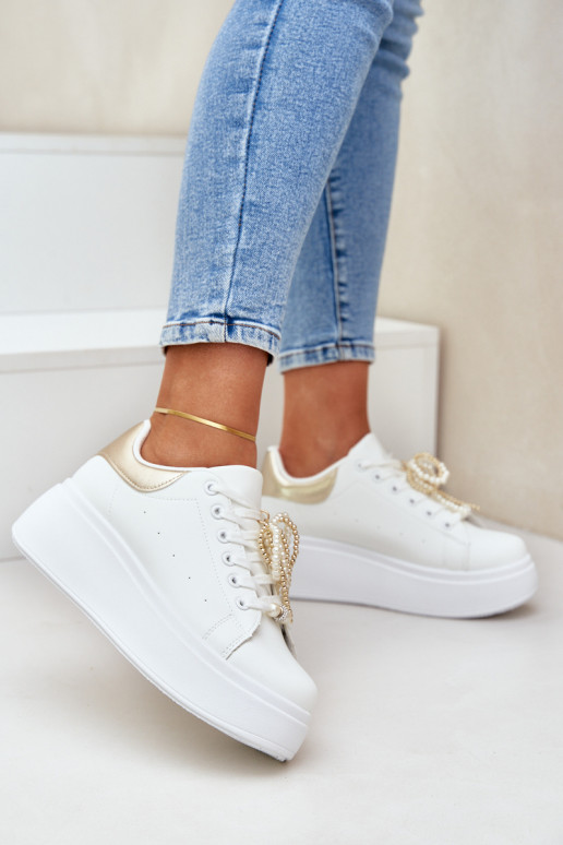 Women's Platform Sneakers With Decorations White-Gold Lerissna