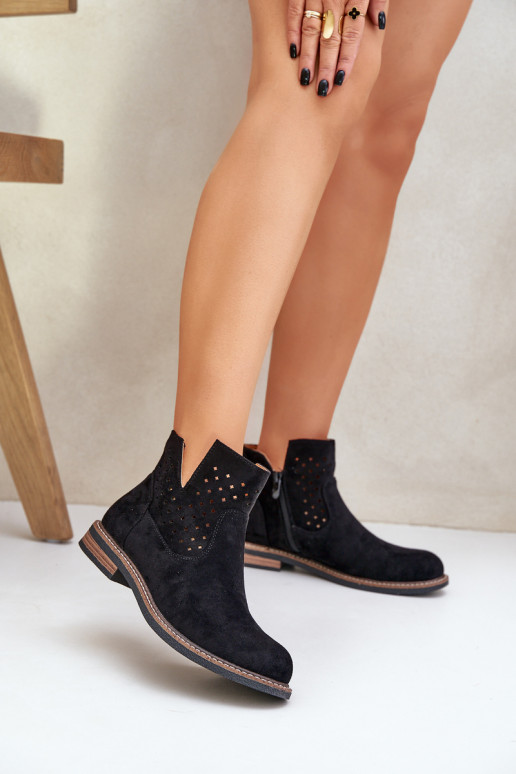 Flat Heeled Ankle Boots With Openwork Shaft Black Elivaya