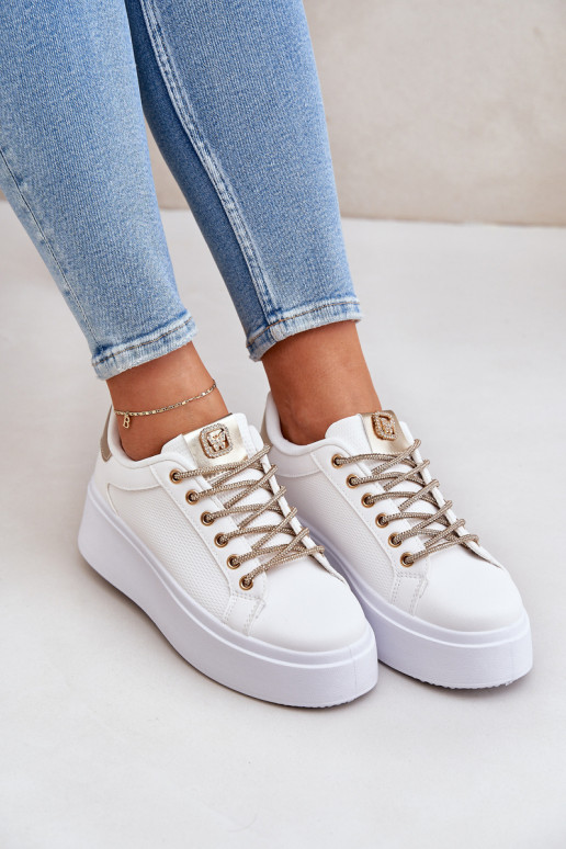 Platform Sneakers With Decorative Laces White-Gold Fonetha