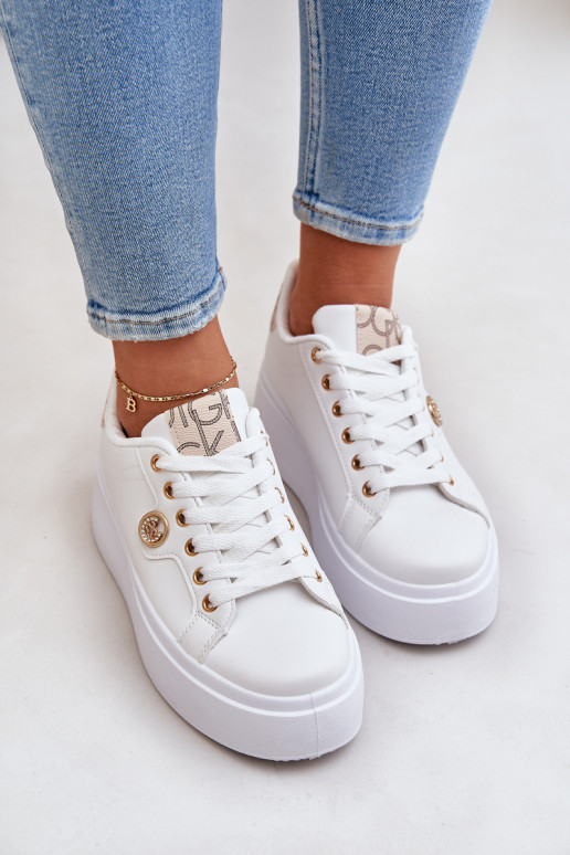 Eco Leather Sneakers On Platform With Golden Detail White-Beige Zingie