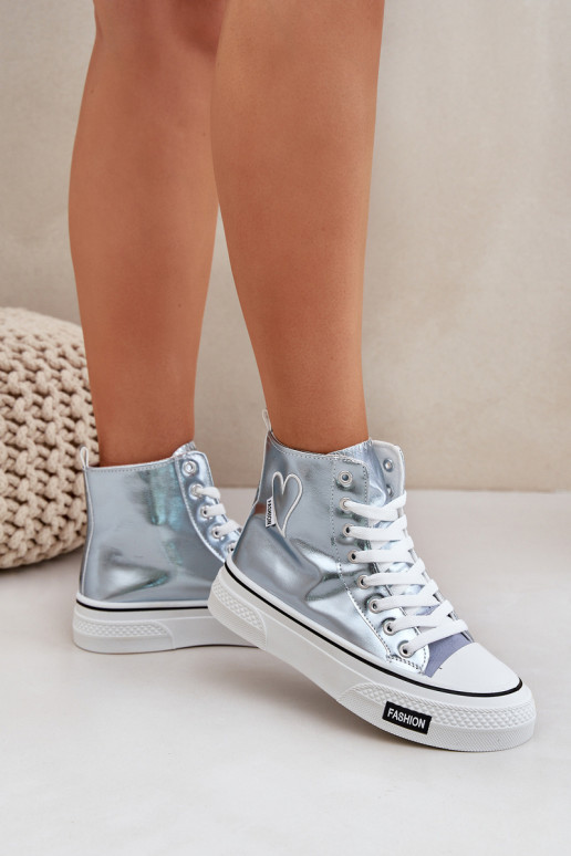 Metallic High Top Sneakers Women's With Heart Blue Sumehra