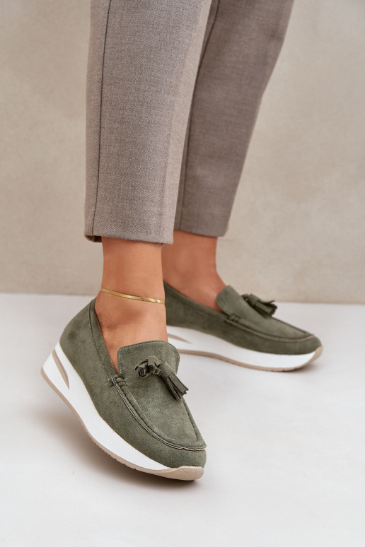 Moccasins On Delicate Wedge Eco Suede Green Challavia