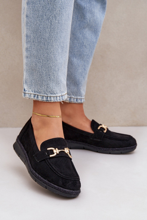 Openwork loafers with golden detail and jute black Lainer