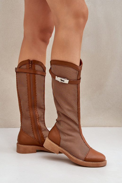 Mesh Boots On Flat Heel To Half Calf Brown Asgerda