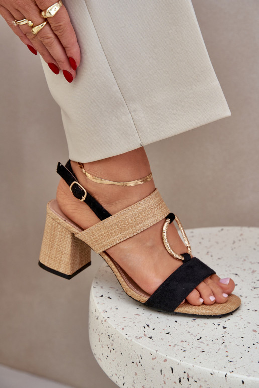 Block Heel Sandals Black-Beige Afleeria