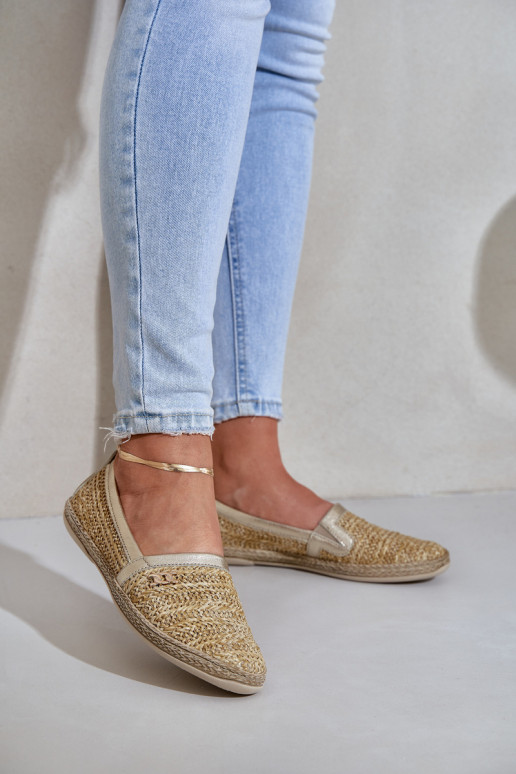 Elegant Leather Espadrilles With Weaving Beige-Golden Zazoo 10178