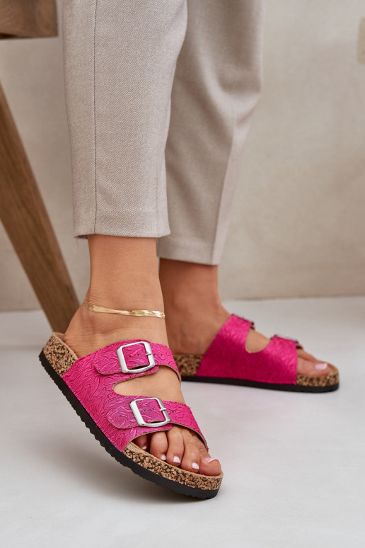 Fabric sandals on cork sole with buckles fuchsia Atera