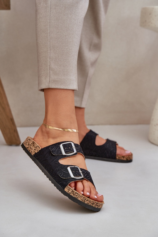 Fabric Slippers On Cork Sole With Buckles Black Atera