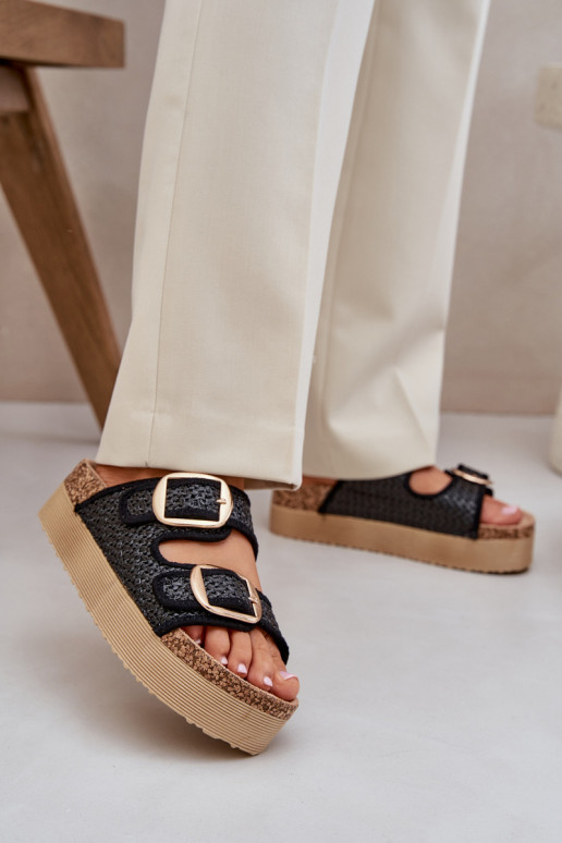 Slides With Braiding And Buckles On A Massive Platform Black Aralissea