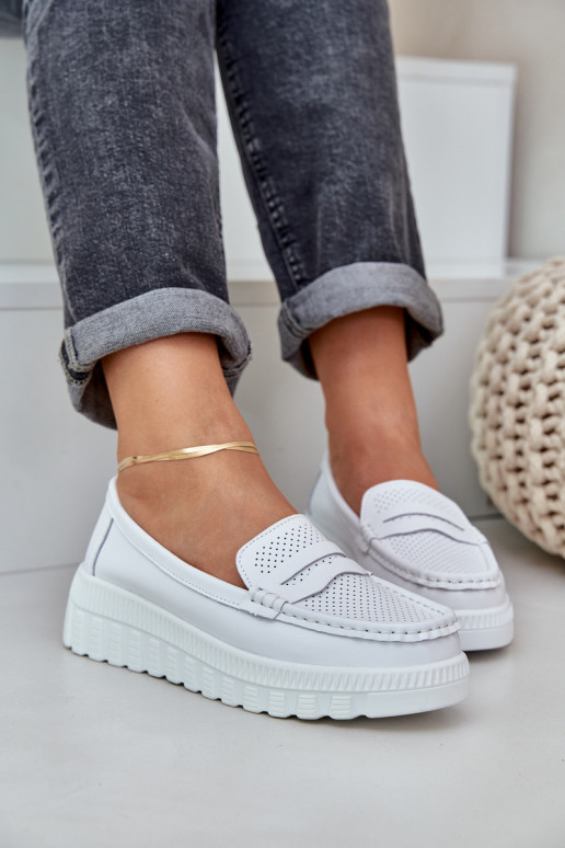 Women's Leather Moccasins On Platform And Wedge White Elanindel