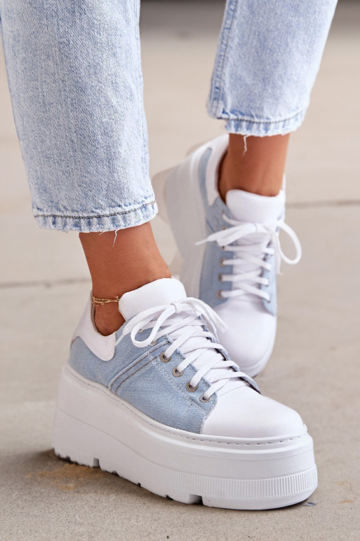 Leather Sneakers On Massive Platform Denim White Lewski 3586